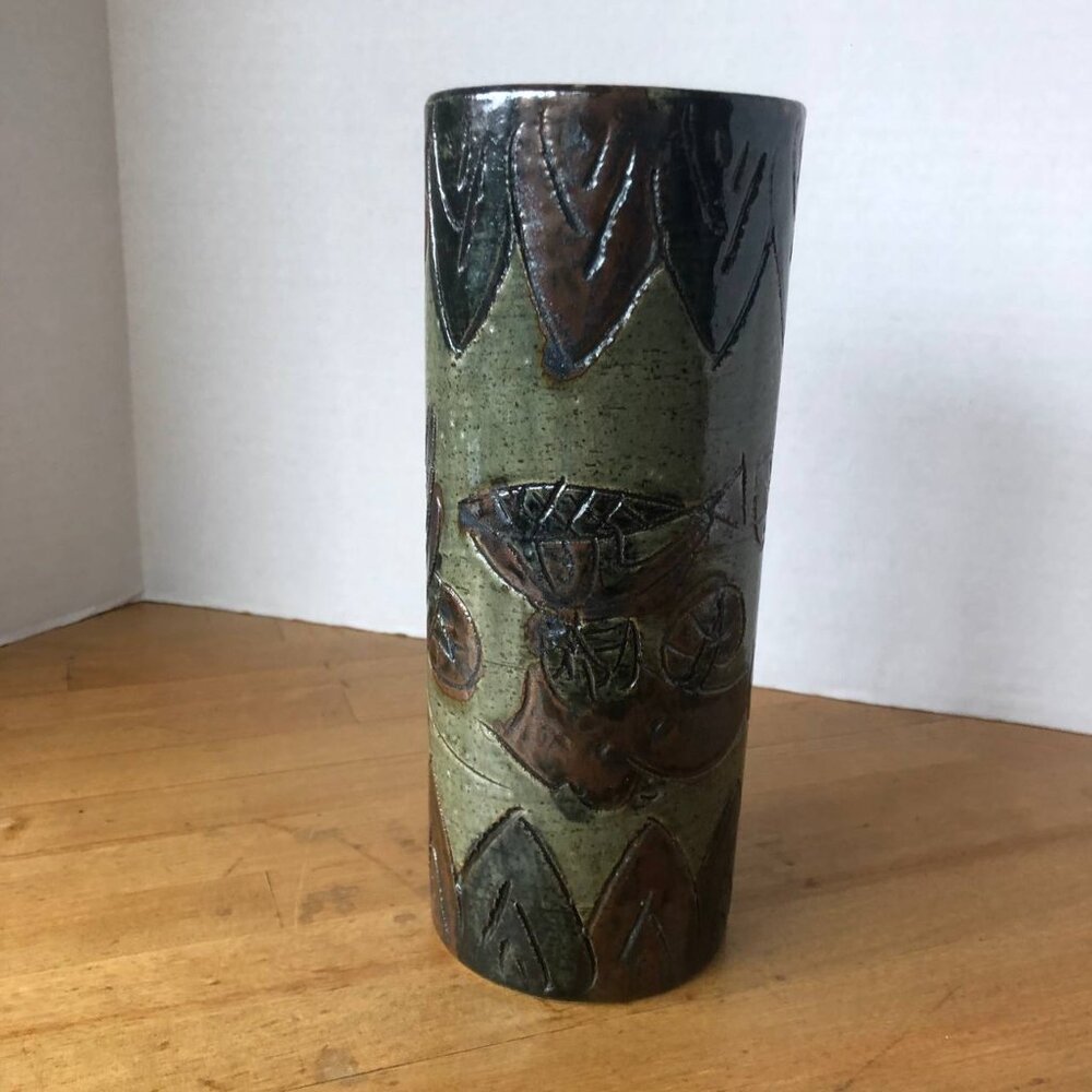 Vintage Japanese Otagiri Incised Vase by OMC Cylinder Pottery Olive Brown Colors